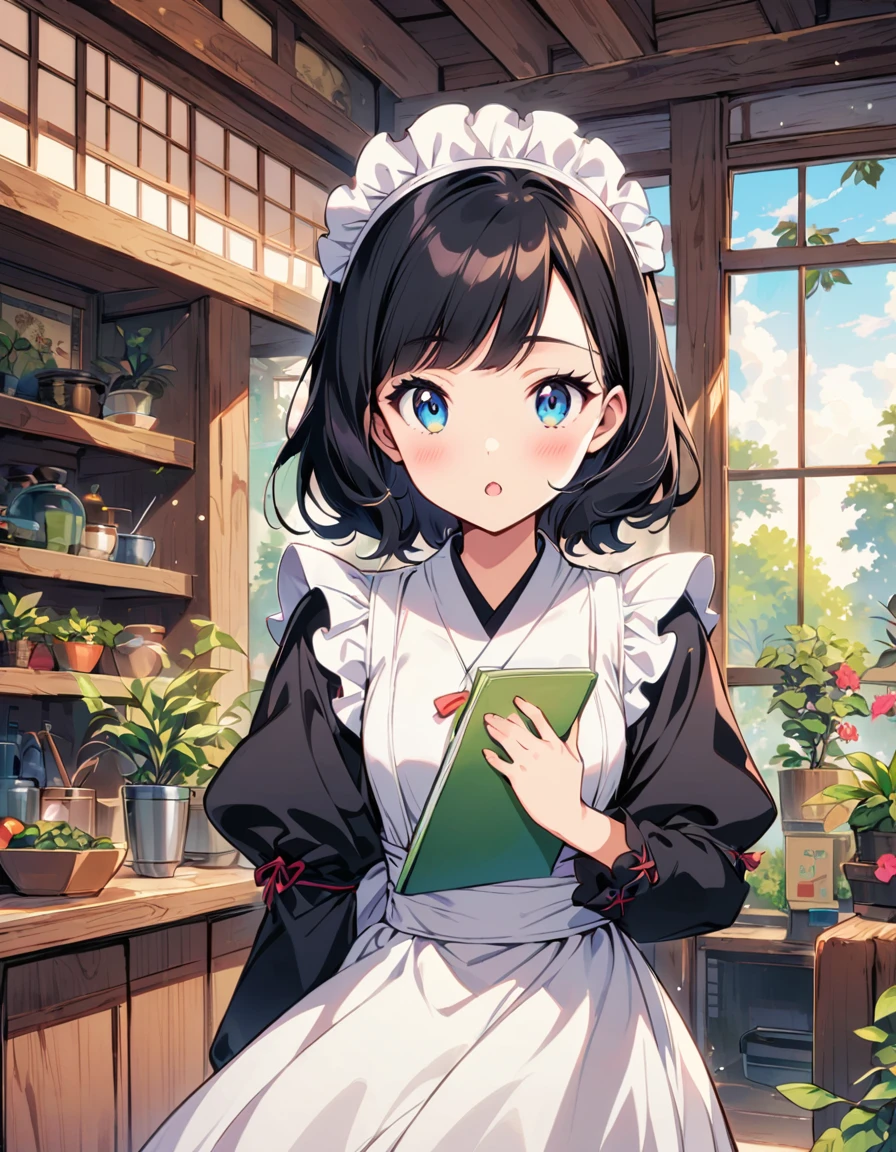 cute Japanese-style maid girl, short black hair, stands in bright cozy indoor garden, manga style --ar 3:4 --niji 6