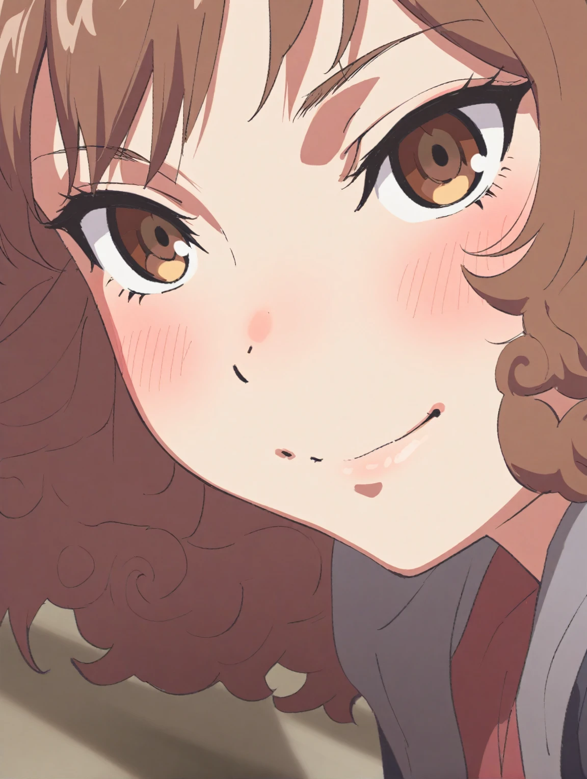 {{{sincos (sincos), no human}}}, girl, beautiful face, smiling, curly brown hair, portrait, looking at viewer.