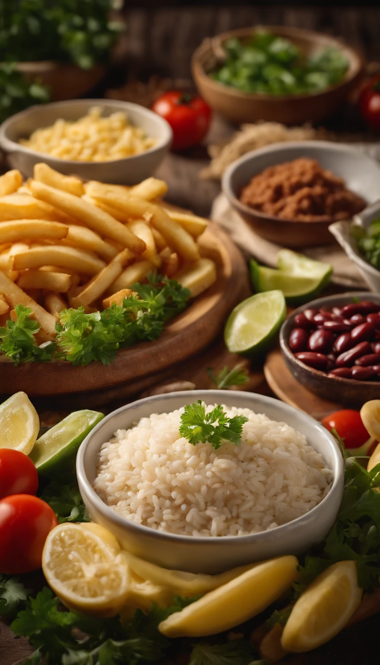 Marmita com arroz, bean,farofa,legumes,French fries and meat salad for advertising