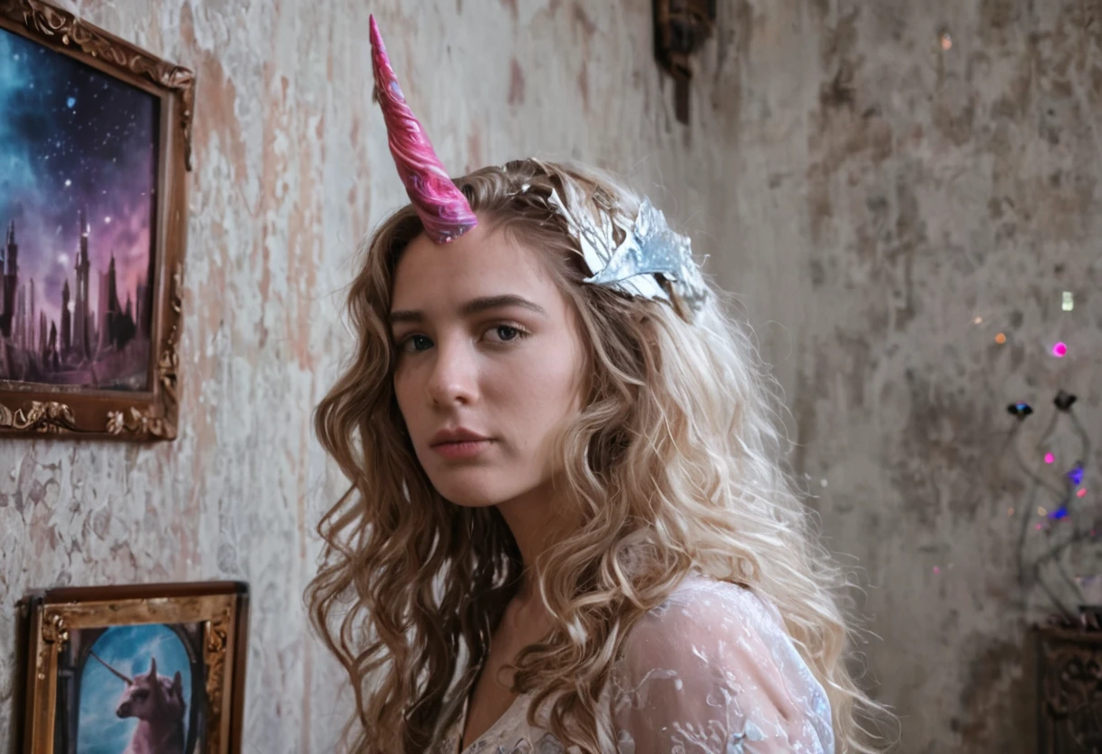 beautiful girl with unicorn horn,magical horn on head,fantasy,surreal,whimsical,intricate details,porcelain skin,long flowing hair,dreamy expression,soft lighting,vibrant colors,cinematic composition,highly detailed,(best quality,4k,8k,highres,masterpiece:1.2),ultra-detailed,(realistic,photorealistic,photo-realistic:1.37),digital painting,concept art,fantasy art,fairytale,ethereal,magical realism