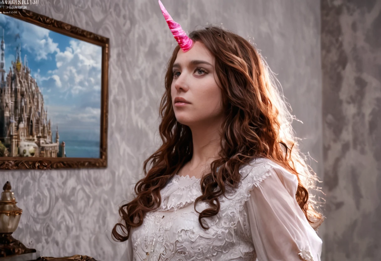 beautiful girl with unicorn horn,magical horn on head,fantasy,surreal,whimsical,intricate details,porcelain skin,long flowing hair,dreamy expression,soft lighting,vibrant colors,cinematic composition,highly detailed,(best quality,4k,8k,highres,masterpiece:1.2),ultra-detailed,(realistic,photorealistic,photo-realistic:1.37),digital painting,concept art,fantasy art,fairytale,ethereal,magical realism