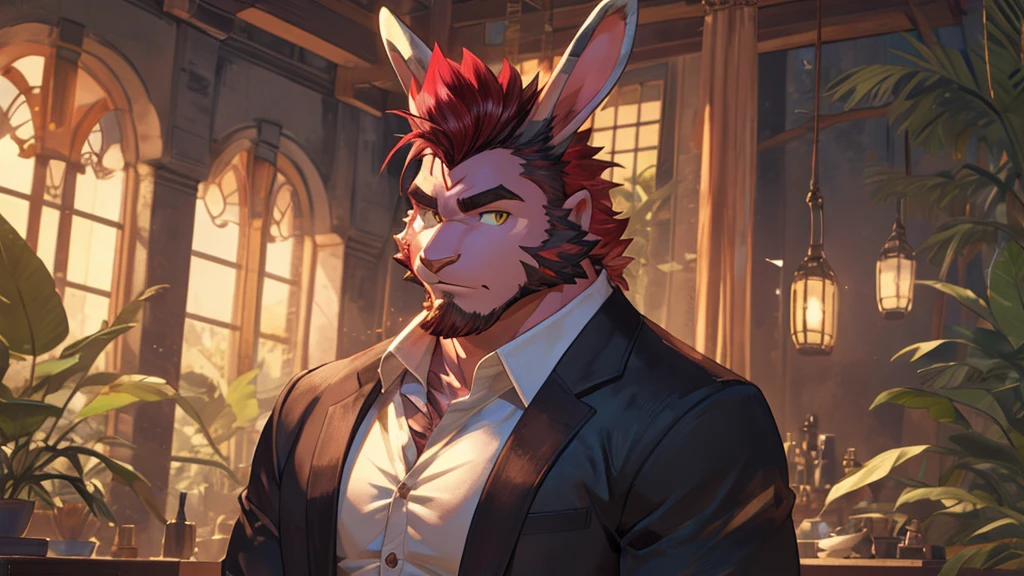 ((best quality)), ((masterpiece)), (detailed), perfect face, bara furry, rabbit man, big body, pink skin, short quiff red hair, yellow eyes, perfect eyes, long rabbit ears, handsome, open shirt at school big dick, nsfw
