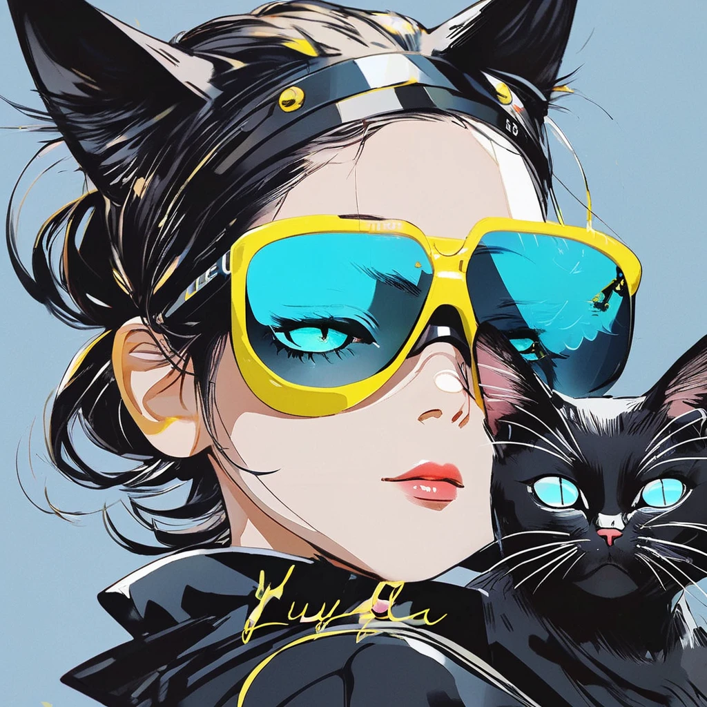 Anime girl wearing sunglasses in her hair, Guweiz style artwork, Digital illustration style, Anime style illustration, Anime style 4k, yellow-eyed, with glowing eyes, Beautiful young catwoman, style of anime. 8K, cat woman, by Qu Leilei, author：Hero, persona 5 art style wlop