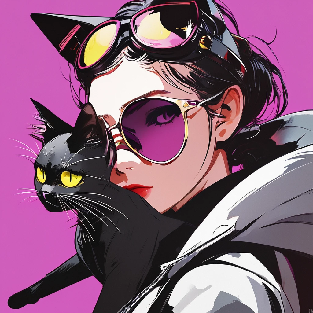 Anime girl wearing sunglasses in her hair, Guweiz style artwork, Digital illustration style, Anime style illustration, Anime style 4k, yellow-eyed, with glowing eyes, Beautiful young catwoman, style of anime. 8K, cat woman, by Qu Leilei, author：Hero, persona 5 art style wlop