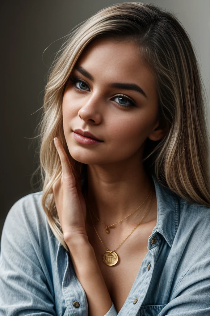 An image of a young woman with a fair to medium complexion and loose, wavy white hair with subtle highlights. Her striking blue eyes are framed by long lashes and natural brows, and her makeup includes a nude lip color and soft cheek contouring. She is wearing a dark denim shirt and has a relaxed pose with one hand gently touching her face. A delicate gold pendant necklace adorns her neck. The portrait features soft, frontal lighting against a neutral dark background, emphasizing her features and the texture of her hair.