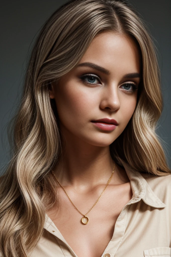 An image of a young woman with a fair to medium complexion and loose, wavy white hair with subtle highlights. Her striking blue eyes are framed by long lashes and natural brows, and her makeup includes a nude lip color and soft cheek contouring. She is wearing a dark denim shirt and has a relaxed pose with one hand gently touching her face. A delicate gold pendant necklace adorns her neck. The portrait features soft, frontal lighting against a neutral dark background, emphasizing her features and the texture of her hair.