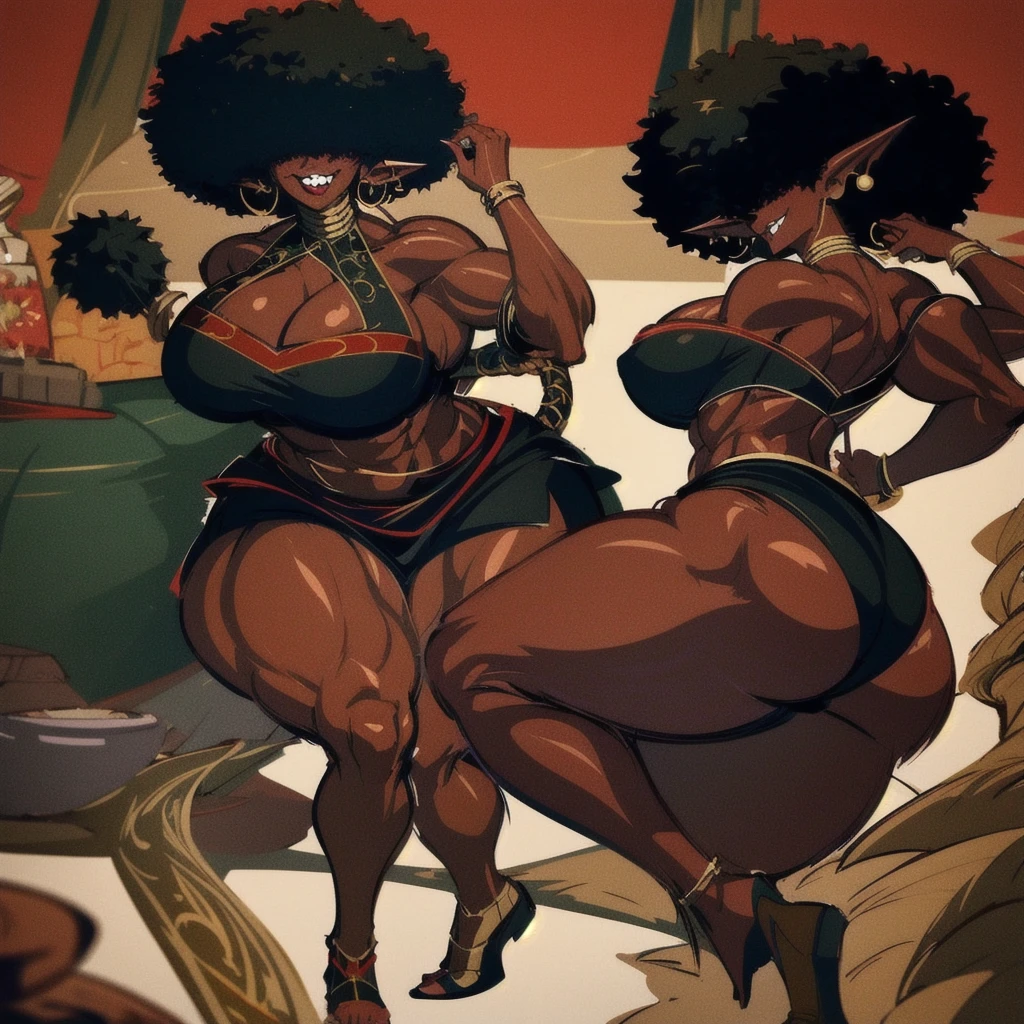 (masterpiece, best quality:1.2),1 girl, voluptuous body, full body, masterpiece, dominant pose, good anatomy, no extra limbs, big ass, thick thighs, black hair, voluminous afro, pointy ears, gold earrings, black top with red details, black skirt with red details, gold necklaces, no eyes, hair covering eyes