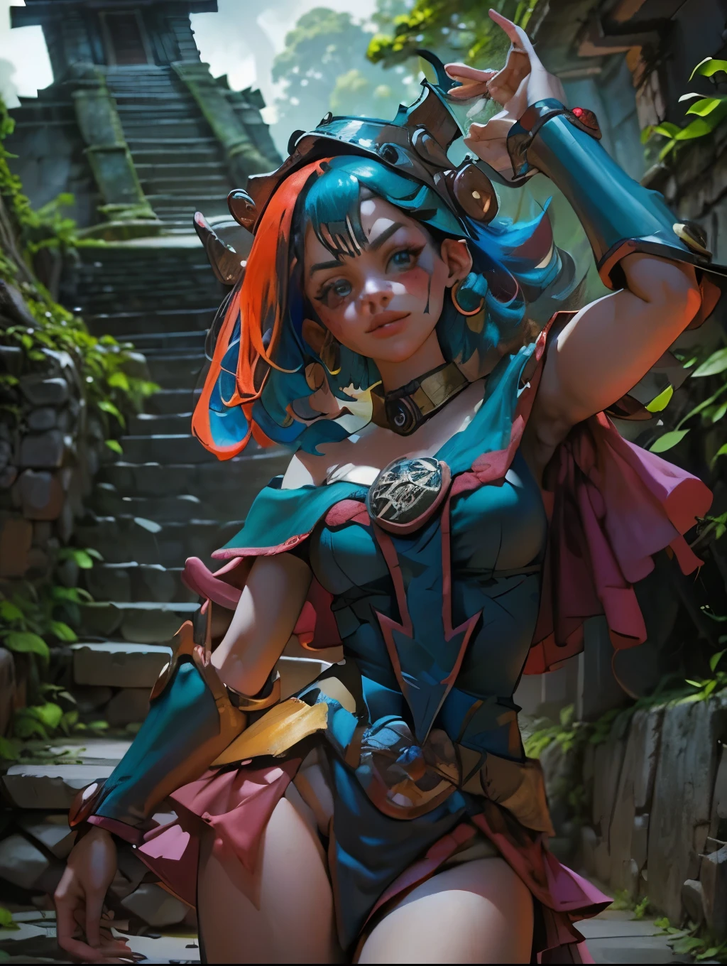 Maga oscura gils vestida de Harley Quinn. Tiene cabello rubio y negro. Ojos azules. Labios rojos. Dark magician gils is dressed as Harley Quinn. Pose sensual y inocente. Fondo de circo y magia.