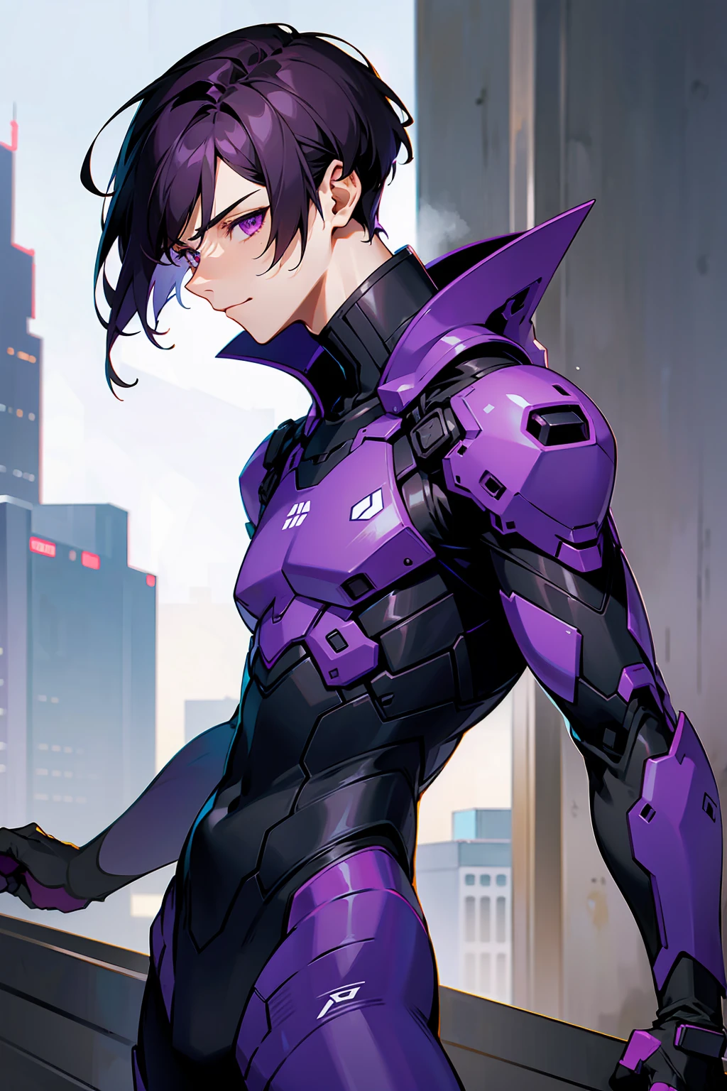 1male, Young Adult, Dark Violet Hair, Short Hair, Slight Smile, Standing In City, Detailed background, Black and White Combat Suit, Sharp Eyes, Purple Eyes