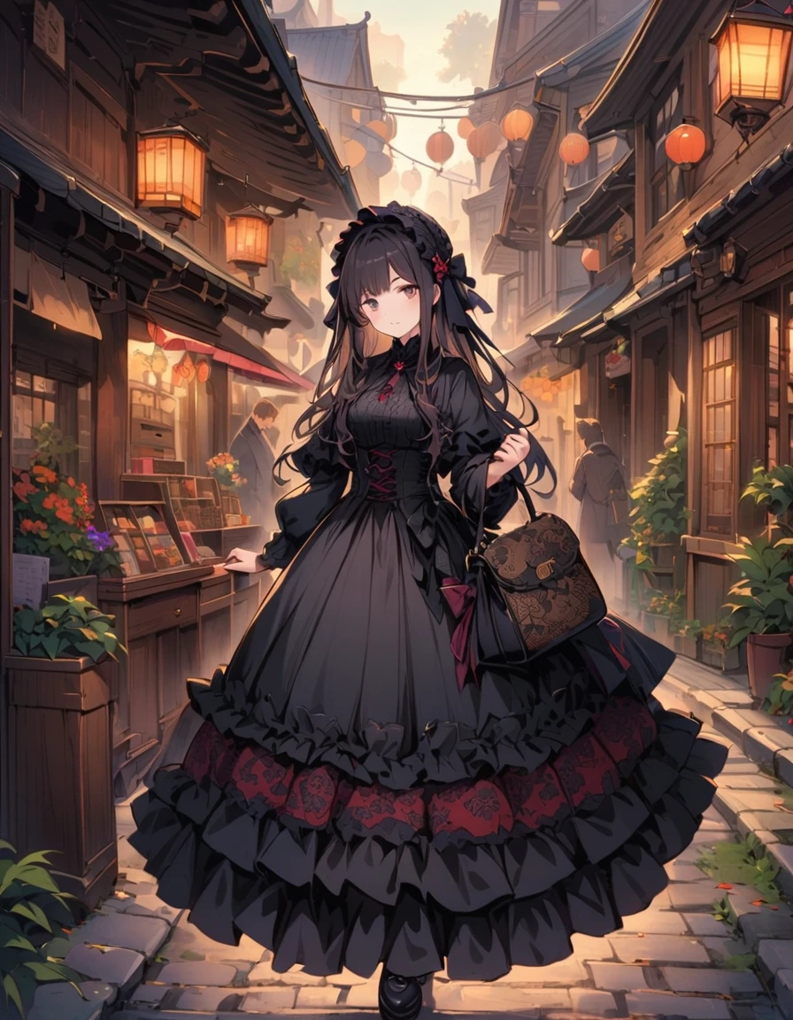 A young girl dressed in a Japanese gothic ****ta costume strolling along a Taisho-era street. The street is adorned with old-fashioned lanterns and traditional shops. She has a vintage handbag and wears a delicate lace bonnet. The scene exudes a blend of historical charm and gothic elegance, characteristic of the Taisho Roman aesthetic. --ar 3:4 --stylize 600 --niji 6