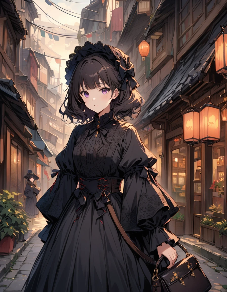 A young girl dressed in a Japanese gothic lolita costume strolling along a Taisho-era street. The street is adorned with old-fashioned lanterns and traditional shops. She has a vintage handbag and wears a delicate lace bonnet. The scene exudes a blend of historical charm and gothic elegance, characteristic of the Taisho Roman aesthetic. --ar 3:4 --stylize 600 --niji 6