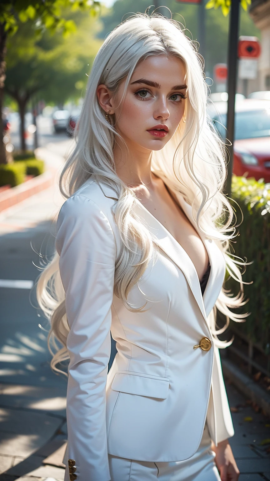 Sexy woman white hair, professional clothes, tétons qui pointent, forme des tétons, long hair, outside background, 160cm, wavy hair
