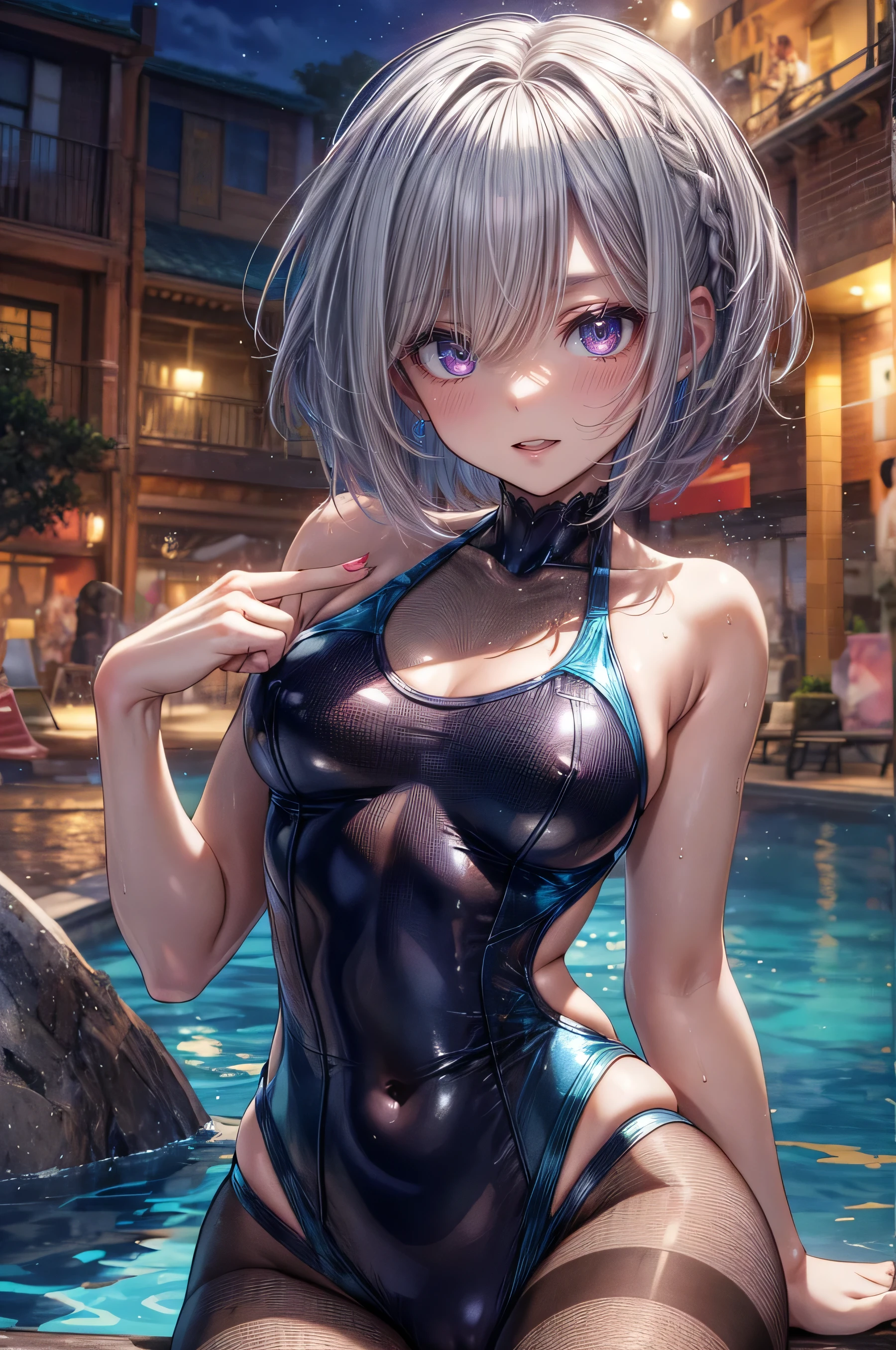 ((Swimsuit)), 4 defined fingers, 1 defined thumb, looking at viewer, solo, 1 woman, 25 years old, AI generated, highest quality, masterpiece, skindentation, perfect face, 8k , cowboy shot, short hair, (silver hair), bob cut, black eye, smile, thin thighs, medium breasts, perfect limbs, sexy, (visible nipples:0.9), (camel toe:0.5), (sit), pantyhose, standing, (close up), upper body,