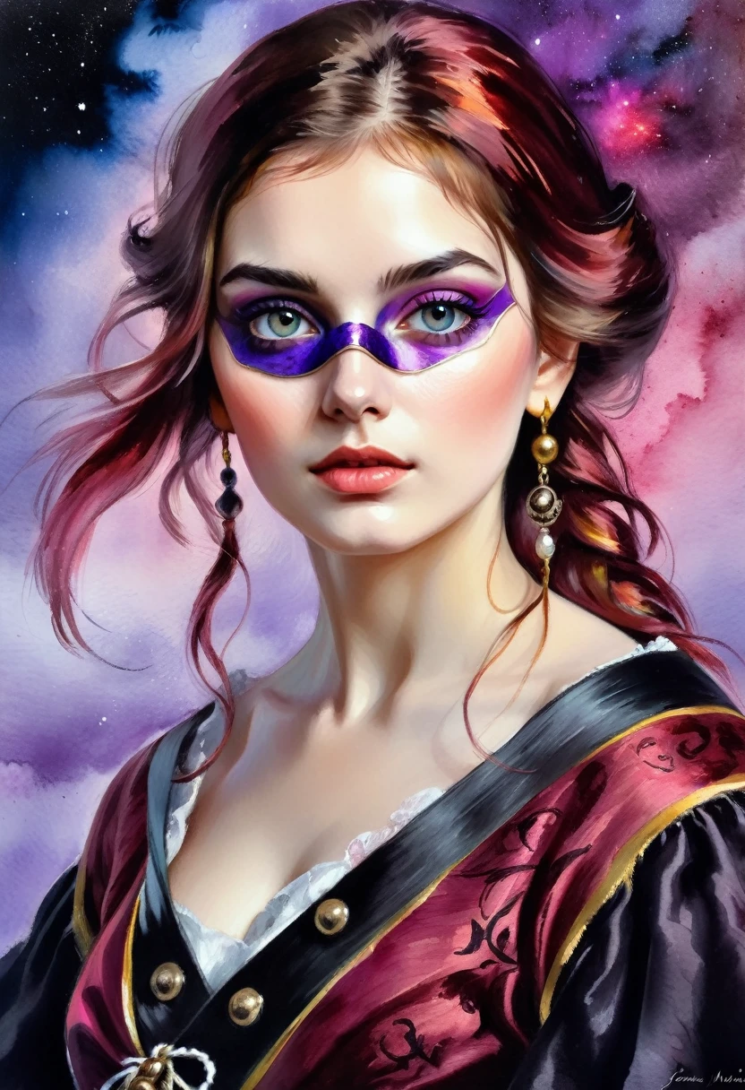 ((shoulder view)): [Young An attractive bandit girl with an ((((pirates closed occluder)))) on her eye ((style by El Greco/Tomas Mann/John Constable!)!) baroque::20]:BG[Nebula IC434 crimson/liliac] (Art by Slawomir-Maniak), Lush watercolor palette canvas/acrylic, Intricate, Extreme detailing, Complex key, ((Single Shot)), ((Best Quality)), ((Masterpiece)) , ((perspective)), (IDEAL body), 8K, impressionism: 0.2 Обои Full HD