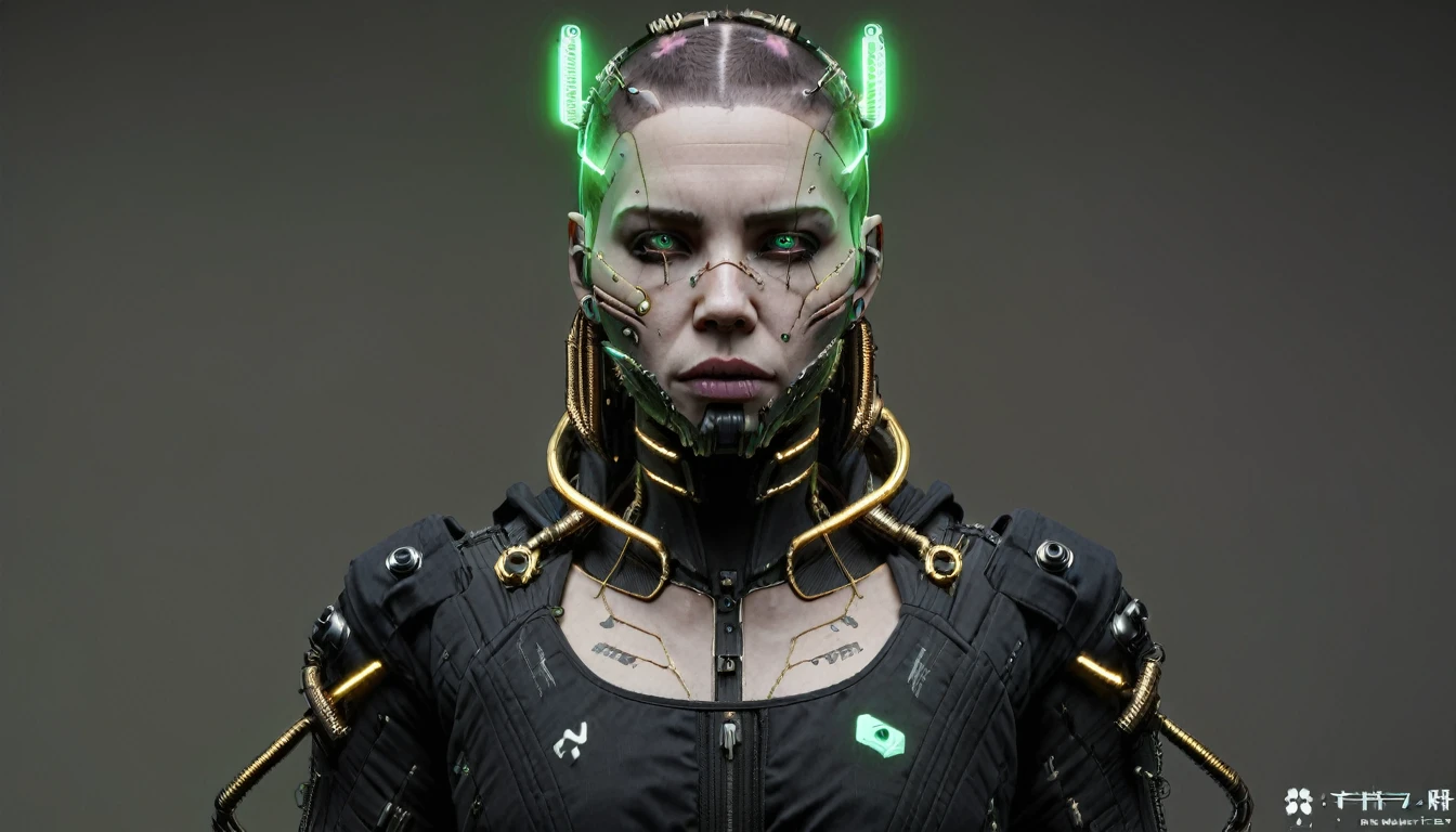 1girl, solo, looking_at_viewer, simple_background, green_eyes, makeup, portrait, science_fiction, realistic, android, cable, cyborg, cyberpunk , 