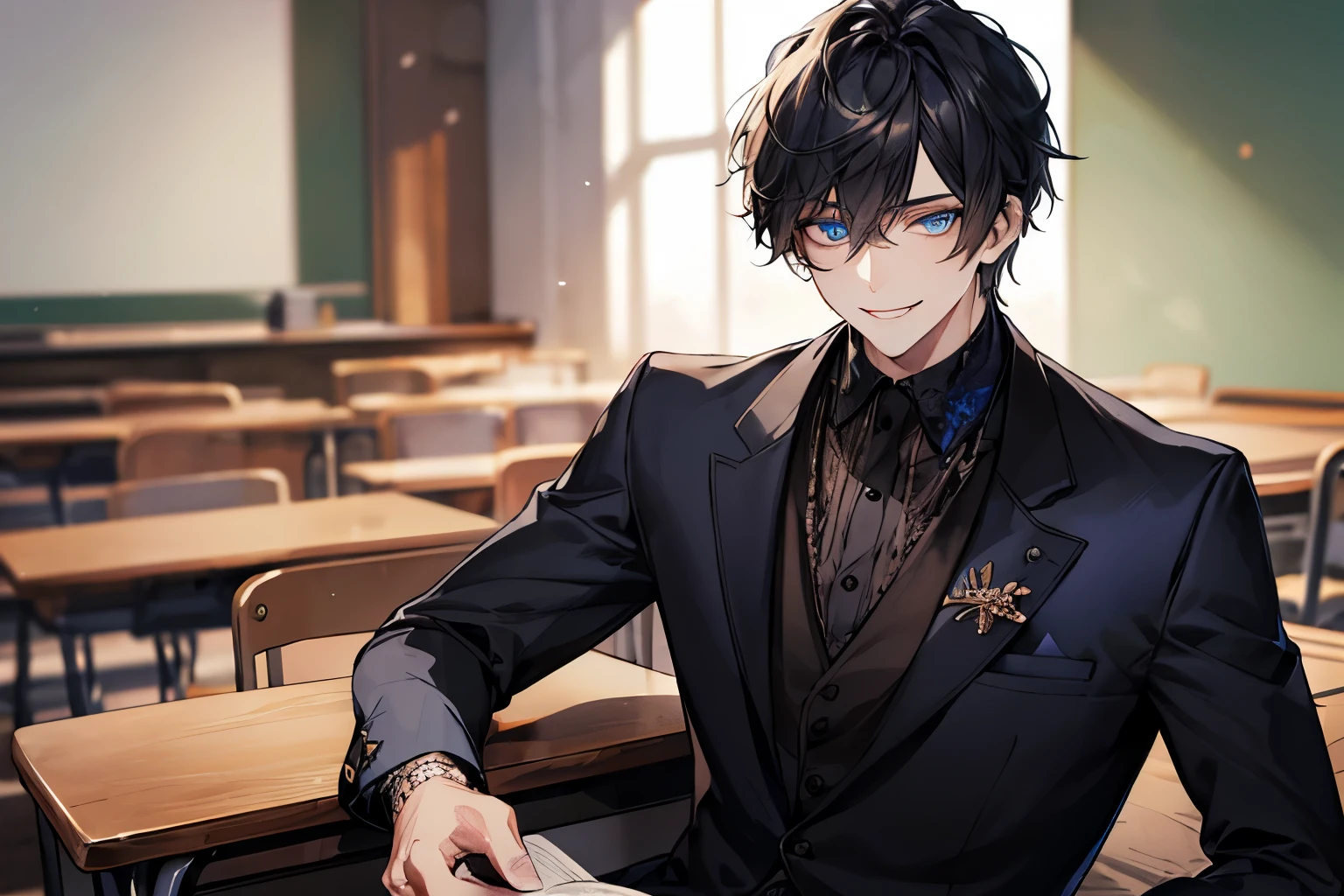 Men's,short detailed hair,black colored hair,(Eye 1:2,Clear eyes,Elaborate Eyes,Delicate pupils,Good eyes,eye detailed),Face Focus,Adult,In black clothes,best qualtiy,facial detailing,Classroom,sit on desk,sitting in the couch,lazy,Detailed background,diffuse sunlight,depth of fields,Studying Smiling at your desk , (((blue eyes)))