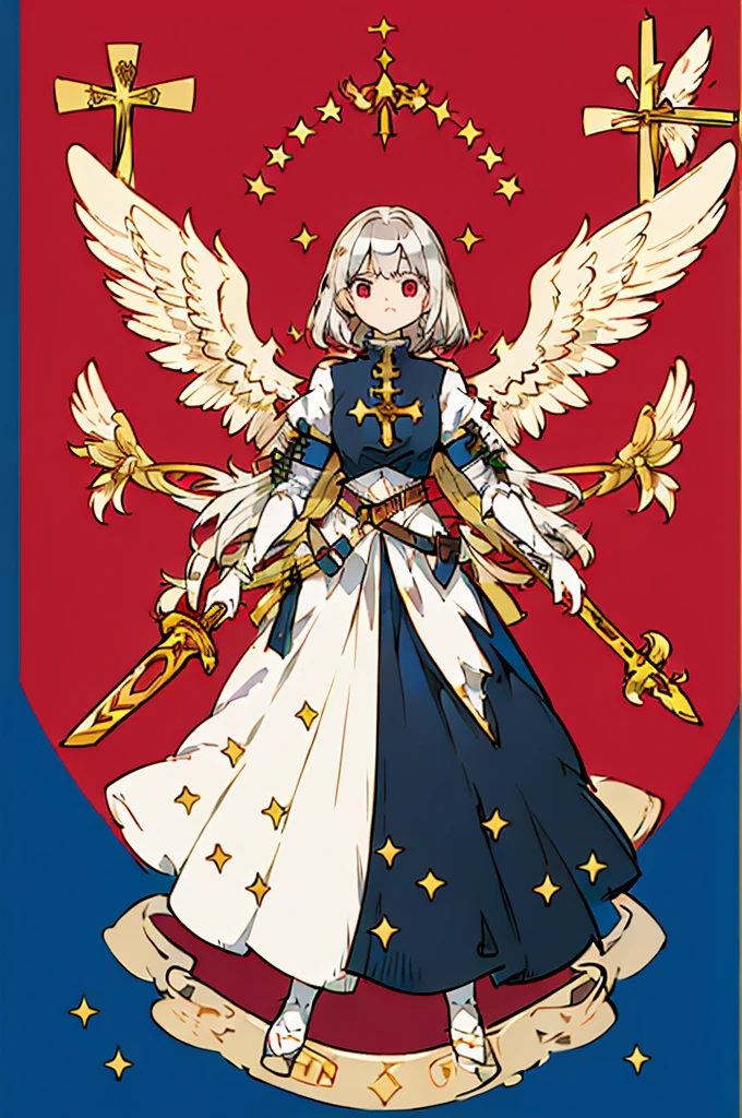 flagmaker, medieval knight group, the flag representing Crucifixus, Experrectus, Reanimatus or The Crucified, The Awakened, And The Reanimated, the flags' colors consist of black, red, white, gold and silver. The flag consists of an angel holding a sword, the angel has a cross on the front of her shirt.