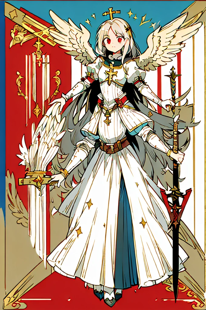 flagmaker, medieval knight group, the flag representing Crucifixus, Experrectus, Reanimatus or The Crucified, The Awakened, And The Reanimated, the flags' colors consist of black, red, white, gold and silver. The flag consists of an angel holding a sword, the angel has a cross on the front of her shirt.