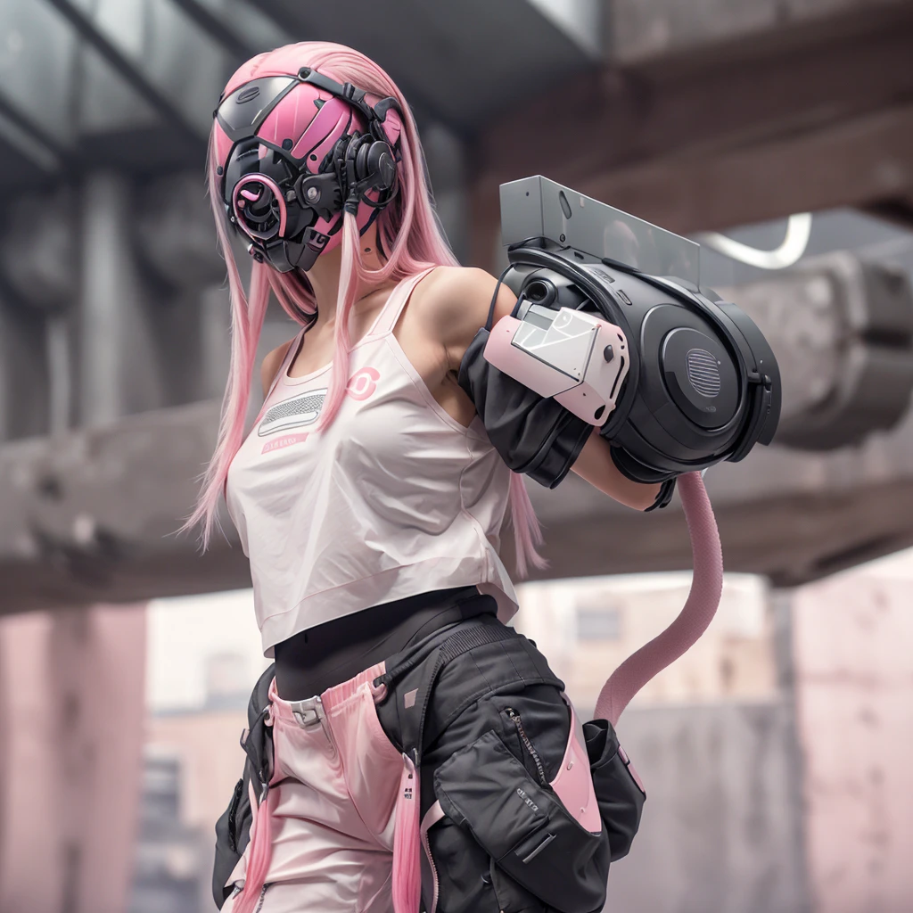 1girl, long pink hair, cyber helmet, white tank top, black cargo pants, mouth mask, covered mouth, white blank background, 8K, Hi-Res