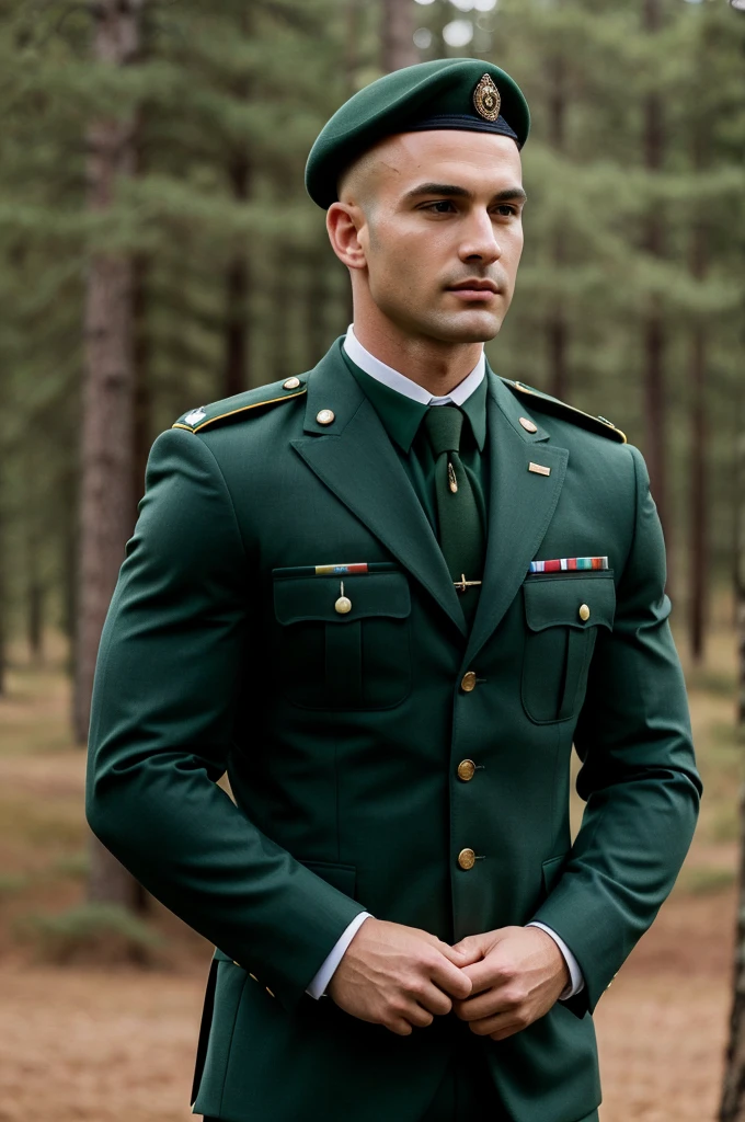 ((best quality)), ((masterpiece)), (detailed), realistic face real bald muscular male upper body wear dark green suit and green beret on forest