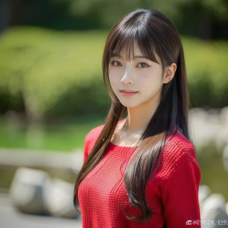 Close-up of a long-haired woman wearing a red sweater, The face of a beautiful Japanese girl, Anime girls in real life, Sakimi-chan, beautiful south korean women, Realistic young gravure idol, Another close-up of Iwakura., beautiful korean girl, Yoshitomo Nara, realistic anime, beautiful korean girl, Attractive anime girl, Japanese girl,The face is focused on the entire body.,), (Highest quality:1.4 3 D 8K, 45,000,000,000 pixels,),(Masterpiece:1.3),(sharp focus:1.2),Japanese girl wearing a red T-shirt), (Highest quality:1.4),(Masterpiece:1.3),(sharp focus:1.2), (Virtual image:1.4),(Beautiful woman in perfect style:1.4) , Long ponytail with bangs like Lisa's.),glowing face,full body photo,(Red cheeks:1.3), Standing and walking outdoors in the countryside
