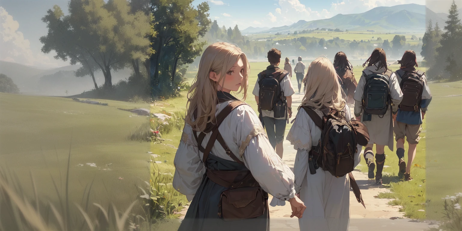 (((Top quality, 4k, 8k, high resolution, masterpiece: 1.2))), (super detailed), (realistic), (photorealistic), (photorealistic: 1.37), (HDR, UHD), (studio (lighting)), ultra-fine drawing, sharp focus, physically based rendering, highly detailed, professional, vibrant colors, medieval European clothing, adventurer's clothing, Vast grassland, majestic plain, wind, grass swaying in the wind, (((girl, girl smiling, girl's feet, girl looking back, girl walking))),