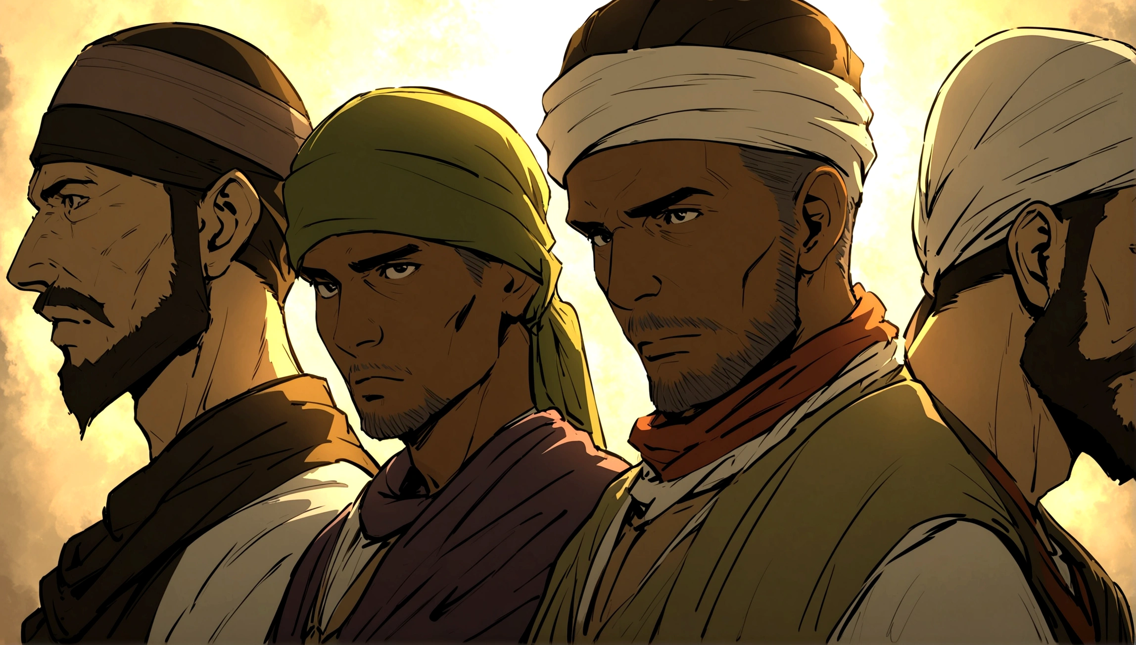 homem arafado com barba e barba com turbante lidera um grupo de homens em um camelo, portrait of the bedouin , comerciantes em fuga, Direction, Orientalista, Orientalismo, e o povo passando fome