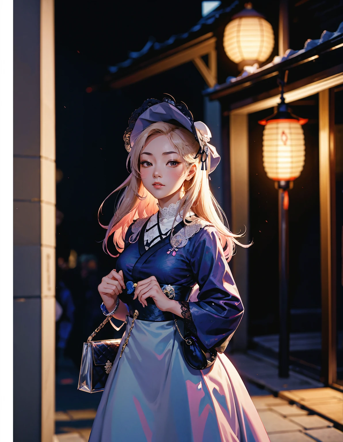 A young girl dressed in a Japanese gothic lolita costume strolling along a Taisho-era street. The street is adorned with old-fashioned lanterns and traditional shops. She has a vintage handbag and wears a delicate lace bonnet. The scene exudes a blend of historical charm and gothic elegance, characteristic of the Taisho Roman aesthetic. --ar 3:4 --stylize 600 --niji 6