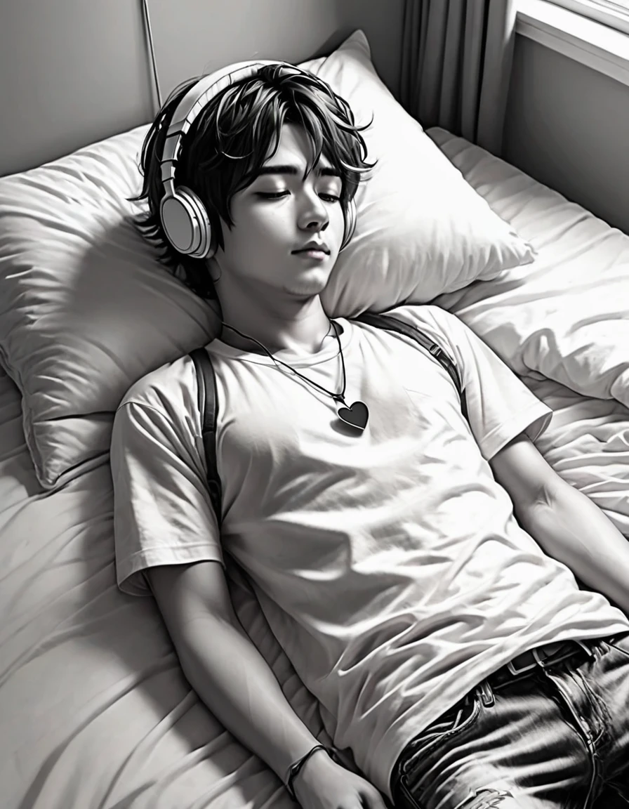 A broken heart boy lying on the bed listening music wearing headphones, line art anime art, sketch art