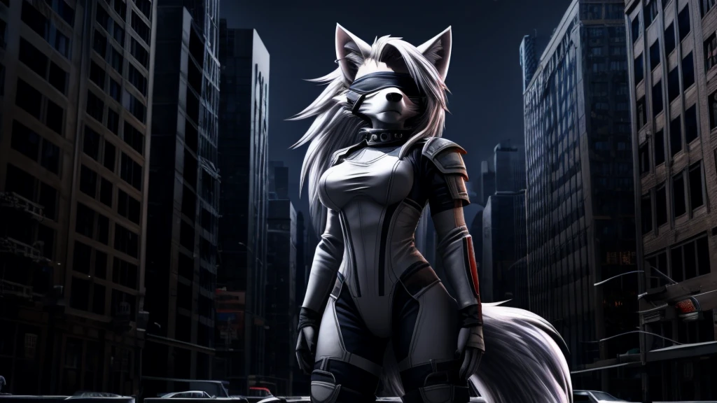 Loona from Helluva Boss, female white wolf, short white hair, blindfold, white combat military armor suit, half face combat mask, standing above a building, New York, night, dark lighting, extremely detailed, solo, beautiful, high quality, 4K