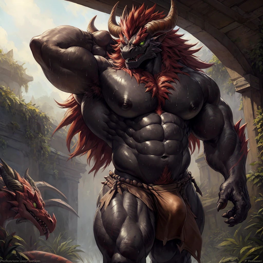 solo, breath (ultra detailed), a beautiful and detailed full size portrait of a male anthro batzz, demon lord dragon batzz, dragon tail, green eyes, glowing eyes, black body, black skin, long hair, red hair, horns, scar, tail, bedroom eyes, detailed eyes, big body, sexy body, (wide body). goddess, kenket, Ross Tran,ruan jia, trending on artstation,foxovh, cenematic lighting, front view, buff, big pecs, muscular anthro, spike arms, strong legs, ((big pecs, nipples, big pecs, brown loincloth, bulge))), day, wet, front view, walking, arms behind head, seductive, ruins, sweating, open mouth,penis, angry
