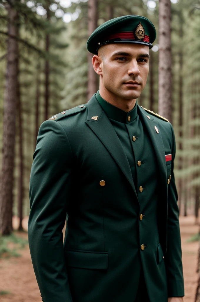 ((best quality)), ((masterpiece)), (detailed), realistic face real bald muscular male upper body wear dark green suit and green beret on forest