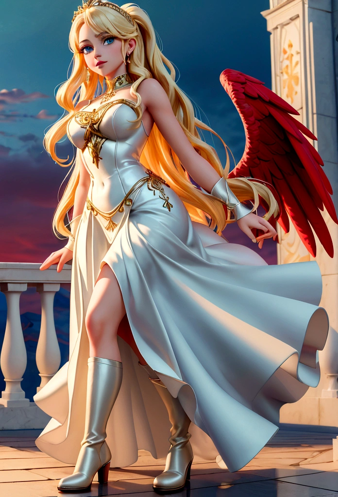 Arafed, a picture of a female angel in high society prom event, divine beautiful female angel, blond hair, long hair, flowing hair, the hair glows in a soft light, cerulean eyes, deep light eyes, divine beautiful face, folded white feather wings, she wears a ((red evening dress: 1.2)), elegant, intricate detailed dress, silk dress, she wears elegant knee high heeled boots, exquisite high heeled boots, she stands on the porch of a fantasy castle, dynamic angle, soft torch light, (Masterpiece: 1.5), 16k, highres, best quality, high details, ultra detailed, masterpiece, best quality, (extremely detailed), AngelStyle, GlowingRunesAI_paleblue, angel_wings