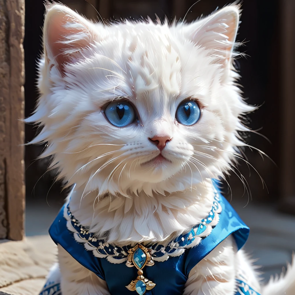 Anthropomorphic, cute, blue-eyed, white-furred kitten, looking straight ahead, close-up, sharp gaze, wearing Georgian national dress Chokha