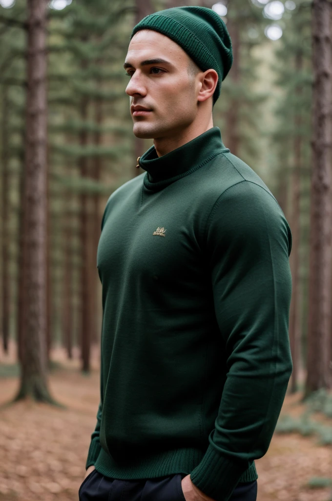((best quality)), ((masterpiece)), (detailed), realistic face real bald muscular male upper body wear dark green pullover and green hat on forest