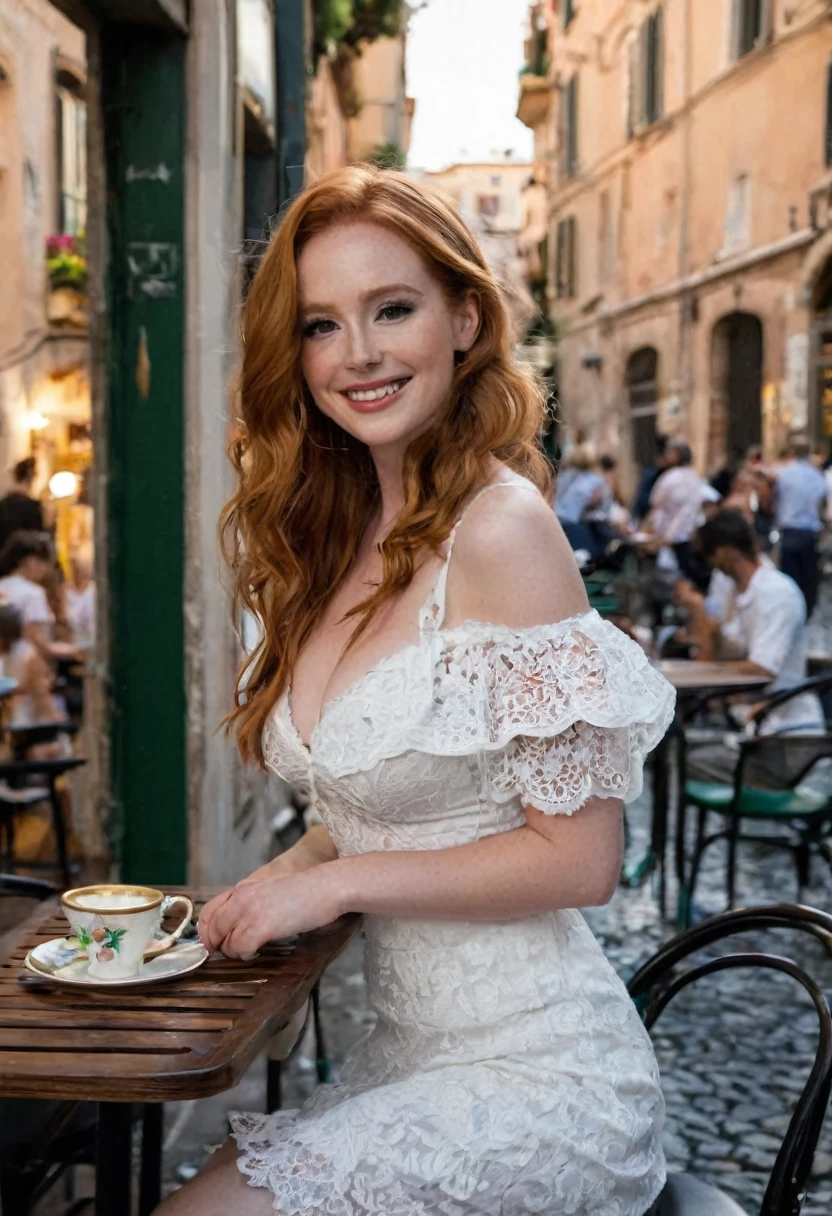 Madelaine Petsch, very long ginger hair, full body shot, wearing white sexy simple dress, enjoying aperitivo in an outside restaurant in the center of rome, street of italy, spring vibes, long wavy redhair, toned, portrait sophie mudd, ballet style pose, working out, full body shot, full body (picture taken from far) Regarder le spectateur (Tout de suite, messy, with hair tied back, evening lights, Epic Milf Character Composition, full body shot, detailed environment, facing viewer, sourire, seductive smile, bouche ouverte, langue, Langue sortie, gouttes de liquide sur le visage, peau, poitrine (8k, Photo brute, Highest quality),(epic realistic:1.5), posture dynamique, erotic face (detailled eyes:0.8), (Highest quality), (meilleure ombre),Intricate details,cinematic,((peau:1.4)),interior (Hdr:1.5),Detailed, (glowing lighting: 0.7), Masterpiece, Photo RAW portrait en pied, Des yeux captivants, Bright details, Tight lips, (High Skin Detail), (teinte: 0.25), (vente: 0.66), Key lighting, (backlight: 0.4), Profondeur de champ moyenne, Canon 5d, Objectif 50mm, f/4 ouvertures, (Ultra-detailed, Complex detail), mise au point nette, 4K, Absurde, Grain de film 8mm, flirting with camera, model body, big breasts, C-cup breats, smiling, looking directly at camera, natural lights, detailed environment
