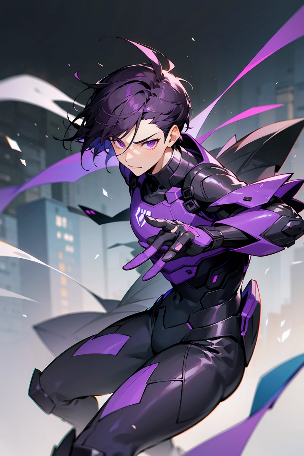 1male, Young Adult, Dark Violet Hair, Short Hair, Slight Smile, Standing In City, Detailed background, Black and White Combat Suit, Sharp Eyes, Purple Eyes