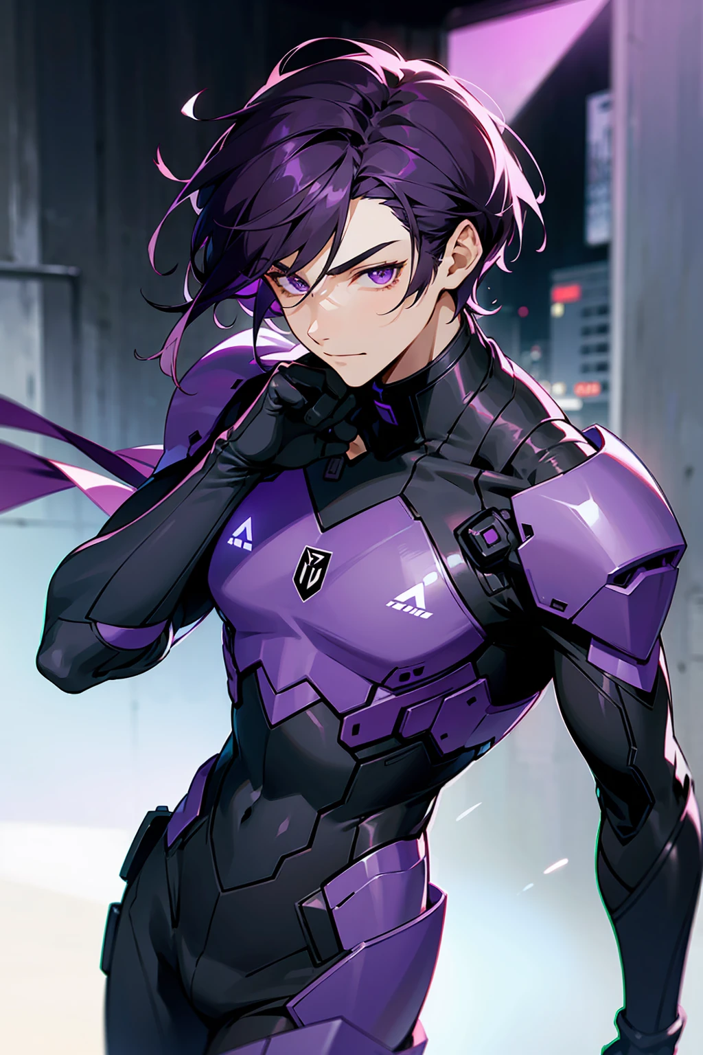 1male, Young Adult, Dark Violet Hair, Short Hair, Slight Smile, Standing In City, Detailed background, Black and White Combat Suit, Sharp Eyes, Purple Eyes