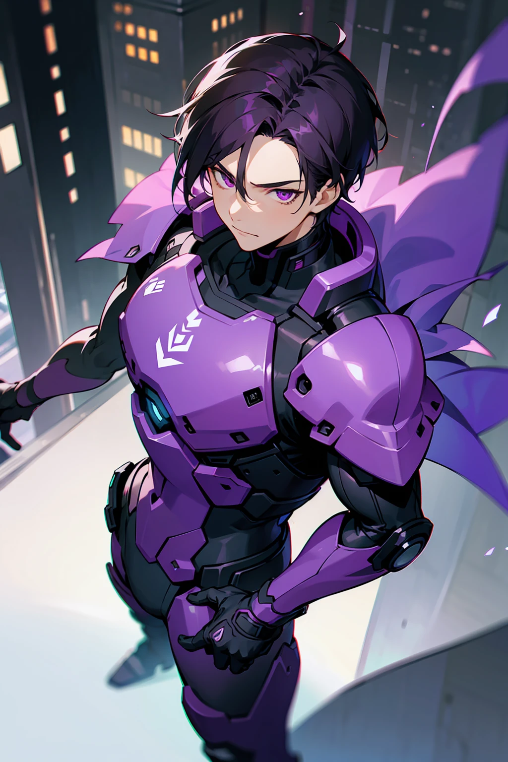 1male, Young Adult, Dark Violet Hair, Short Hair, Slight Smile, Standing In City, Detailed background, Black and White Combat Suit, Sharp Eyes, Purple Eyes