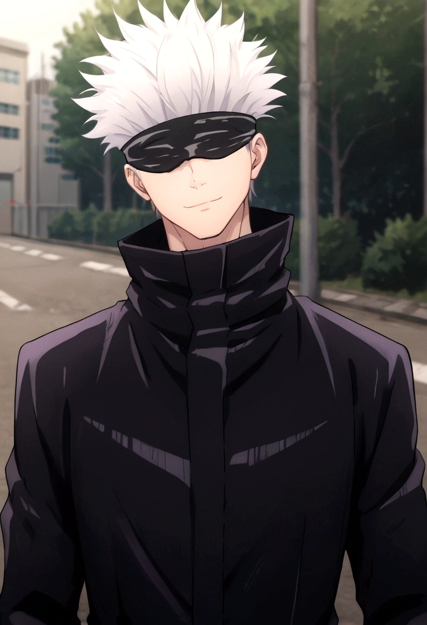 score_9, score_8_up, score_7_up, BREAK, source_anime, 1boy, SatoruGojo, solo, smile, short hair, long sleeves, closed mouth, jacket, upper body, male focus, blurry, blurry background, high collar, walk on street, day, (blindfold, covered eyes, black blindfold), purple jacket, anime screenshot, anime screencap, anime coloring, dramatic composition, cinematic lighting, (masterpiece, best quality, Professional, perfect composition, very aesthetic, absurdres, ultra-detailed, intricate details:1.3)