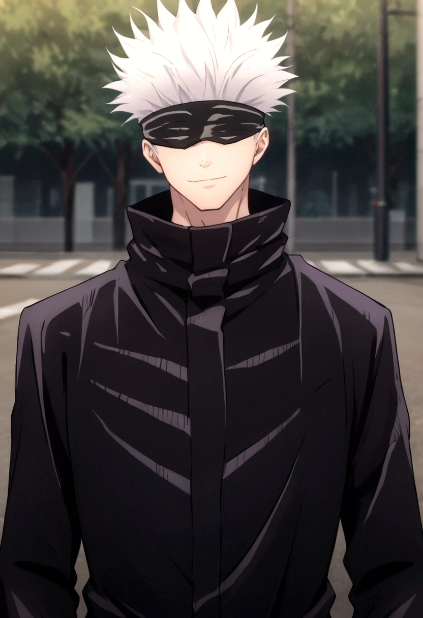 score_9, score_8_up, score_7_up, BREAK, source_anime, 1boy, SatoruGojo, solo, smile, short hair, long sleeves, closed mouth, jacket, upper body, male focus, blurry, blurry background, high collar, walk on street, day, (blindfold, covered eyes, black blindfold), purple jacket, anime screenshot, anime screencap, anime coloring, dramatic composition, cinematic lighting, (masterpiece, best quality, Professional, perfect composition, very aesthetic, absurdres, ultra-detailed, intricate details:1.3)