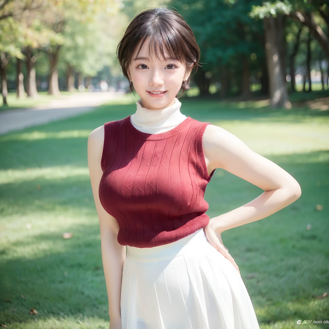 (Highest quality、Tabletop、8k、Best image quality、Award-winning works)、One beautiful woman、Age 25、(alone:1.1)、Perfect beautiful composition、(Big and ample breasts:1.1)、(Accentuate your body lines:1.1)、( Berry short cut hair:1.1)、(Perfect white turtleneck sleeveless knit sweater:1.2)、(Bare arms:1.1)、(Classy and perfect round glasses:1.2)、(Elegant red melton skirt:1.2)、Look at me and smile、(Accurate city park background with strong blur:1.1)、Standing Elegantly、Droopy eyes、Natural Makeup、Ultra-high definition beauty face、Ultra HD Hair、Ultra high resolution glowing eyes、Super high quality glossy lip、Accurate anatomy、(very bright and vivid:1.1)