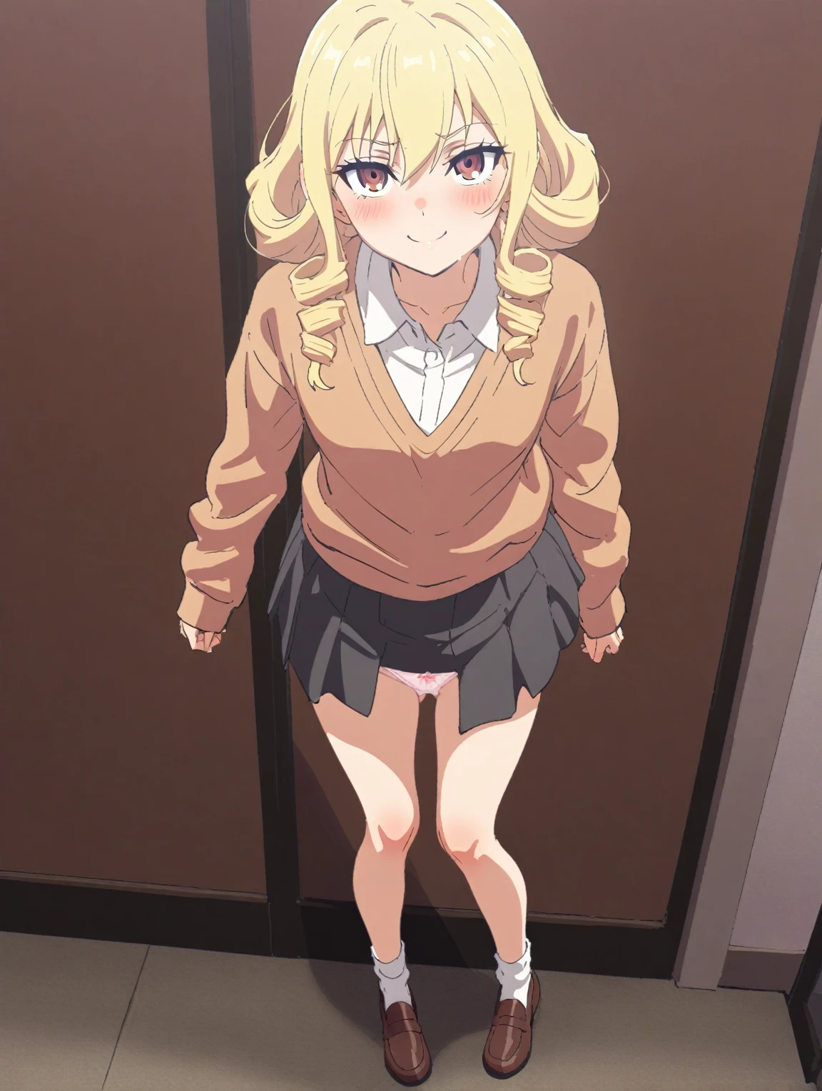 {{{sincos (sincos), no human, full body}}}, girl, beautiful face, smiling, curly blonde hair, showing her peaking panties, skirt, sweater, looking at viewer.