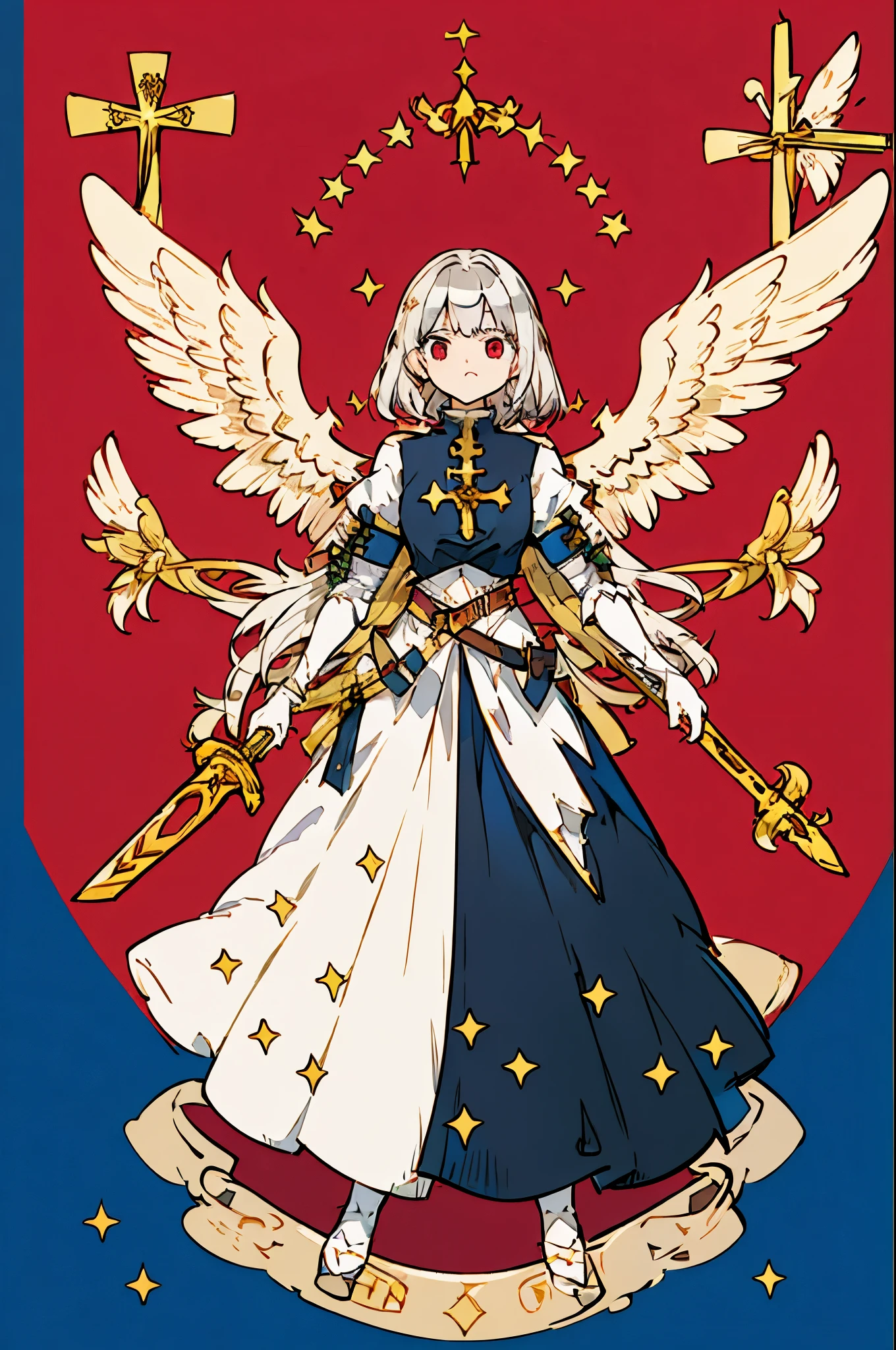 flagmaker, medieval knight group, the flag representing Crucifixus, Experrectus, Reanimatus or The Crucified, The Awakened, And The Reanimated, the flags' colors consist of black, red, white, gold and silver. The flag consists of an angel holding a sword, the angel has a cross on the front of her shirt.