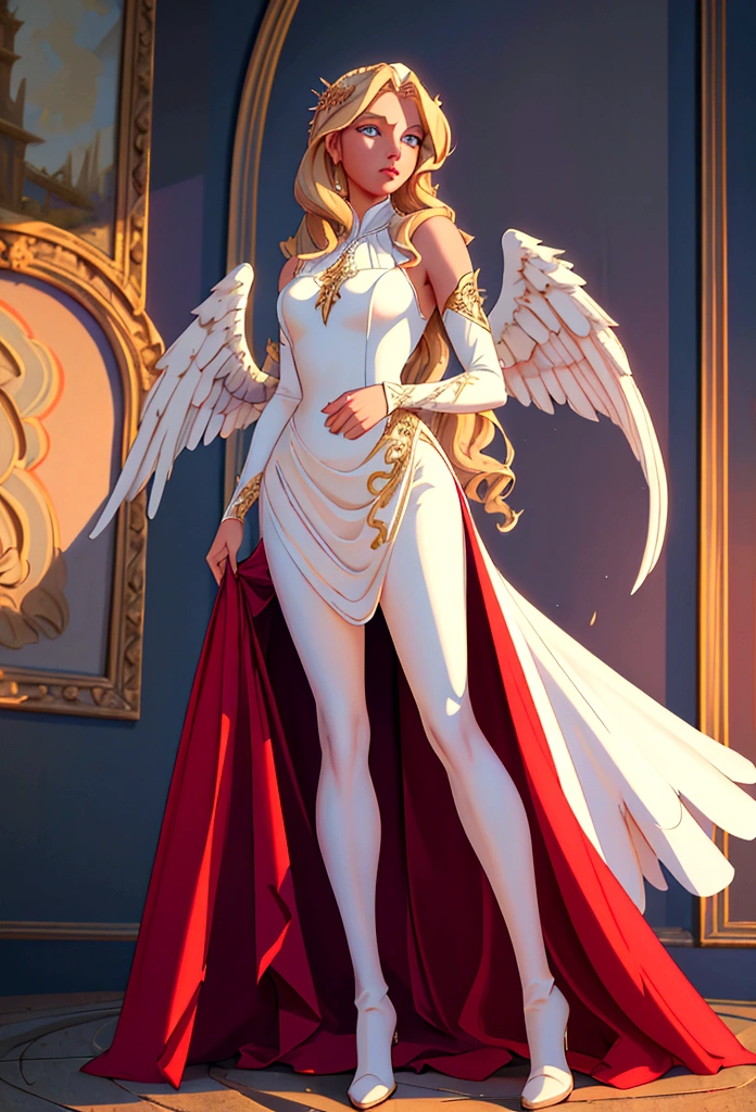 Arafed, a picture of a female angel in high society prom event, divine beautiful female angel, blond hair, long hair, flowing hair, the hair glows in a soft light, cerulean eyes, deep light eyes, divine beautiful face, folded white feather wings, she wears a ((red evening dress: 1.2)), elegant, intricate detailed dress, silk dress, she wears elegant knee high heeled boots, exquisite high heeled boots, she stands on the porch of a fantasy castle, dynamic angle, soft torch light, (Masterpiece: 1.5), 16k, highres, best quality, high details, ultra detailed, masterpiece, best quality, (extremely detailed), AngelStyle, GlowingRunesAI_paleblue, angel_wings