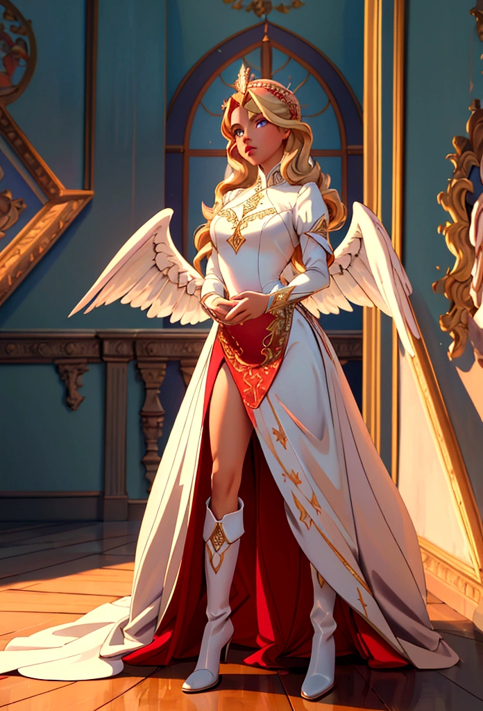 Arafed, a picture of a female angel in high society prom event, divine beautiful female angel, blond hair, long hair, flowing hair, the hair glows in a soft light, cerulean eyes, deep light eyes, divine beautiful face, folded white feather wings, she wears a ((red evening dress: 1.2)), elegant, intricate detailed dress, silk dress, she wears elegant knee high heeled boots, exquisite high heeled boots, she stands on the porch of a fantasy castle, dynamic angle, soft torch light, (Masterpiece: 1.5), 16k, highres, best quality, high details, ultra detailed, masterpiece, best quality, (extremely detailed), AngelStyle, GlowingRunesAI_paleblue, angel_wings