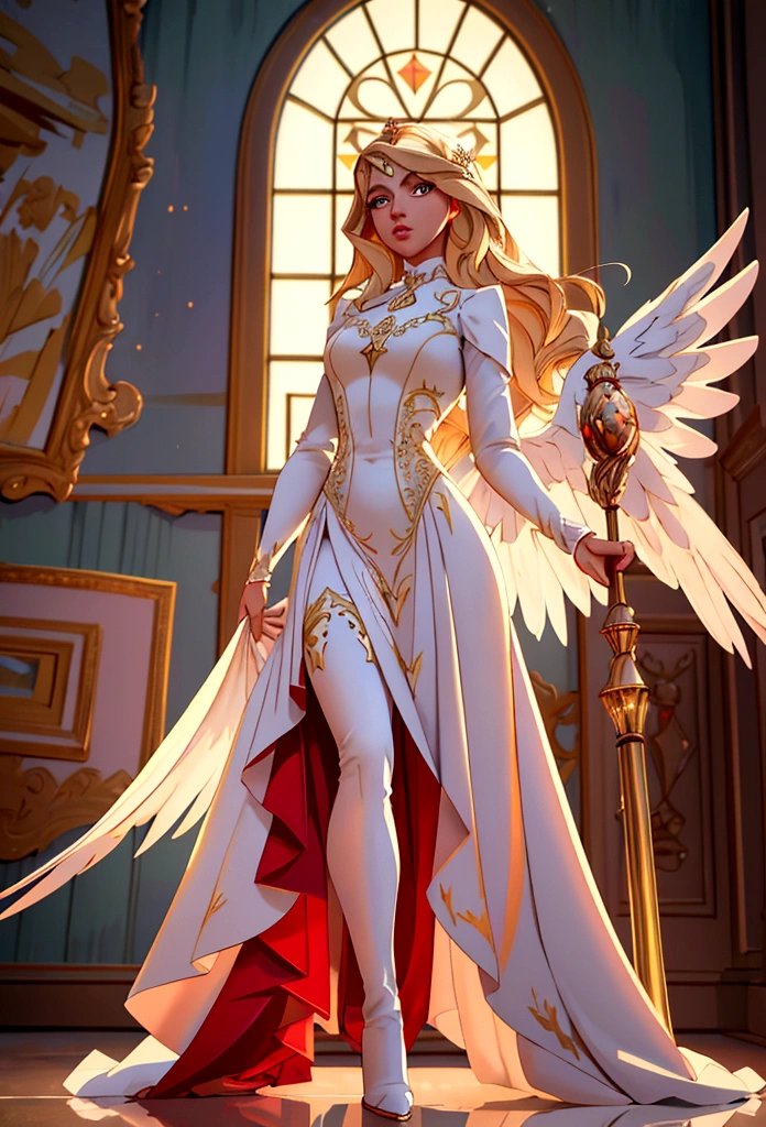 Arafed, a picture of a female angel in high society prom event, divine beautiful female angel, blond hair, long hair, flowing hair, the hair glows in a soft light, cerulean eyes, deep light eyes, divine beautiful face, folded white feather wings, she wears a ((red evening dress: 1.2)), elegant, intricate detailed dress, silk dress, she wears elegant knee high heeled boots, exquisite high heeled boots, she stands on the porch of a fantasy castle, dynamic angle, soft torch light, (Masterpiece: 1.5), 16k, highres, best quality, high details, ultra detailed, masterpiece, best quality, (extremely detailed), AngelStyle, GlowingRunesAI_paleblue, angel_wings