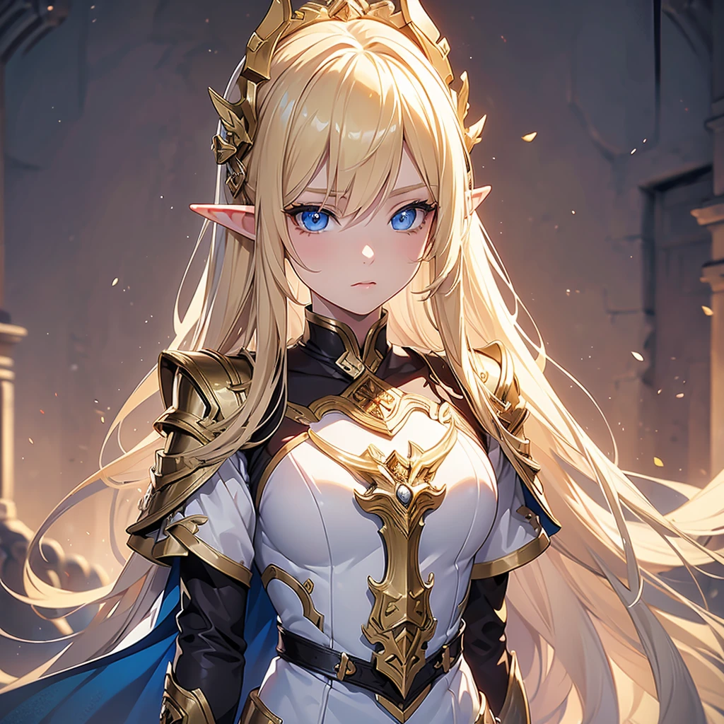 ((masterpiece, best quality)), manga style, elf warrior in armor, blond hair, elf ears, hands behind back, best qualityer，8K， masterpiece, high resolution,1girl, two tone lighting, (high detail skin：1.2), beautiful face, gentle illumination, ((no background))