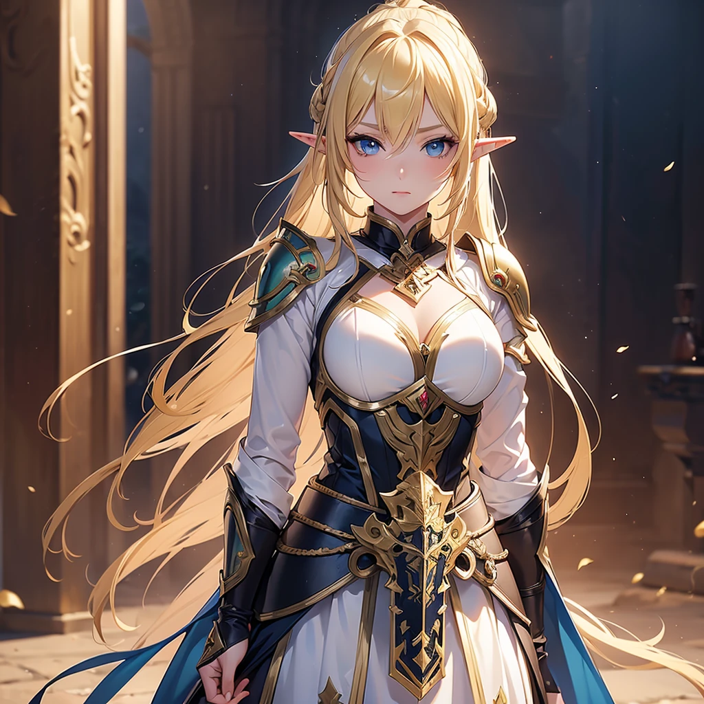 ((masterpiece, best quality)), manga style, elf warrior in armor, blond hair, elf ears, hands behind back, best qualityer，8K， masterpiece, high resolution,1girl, two tone lighting, (high detail skin：1.2), beautiful face, gentle illumination, ((no background))