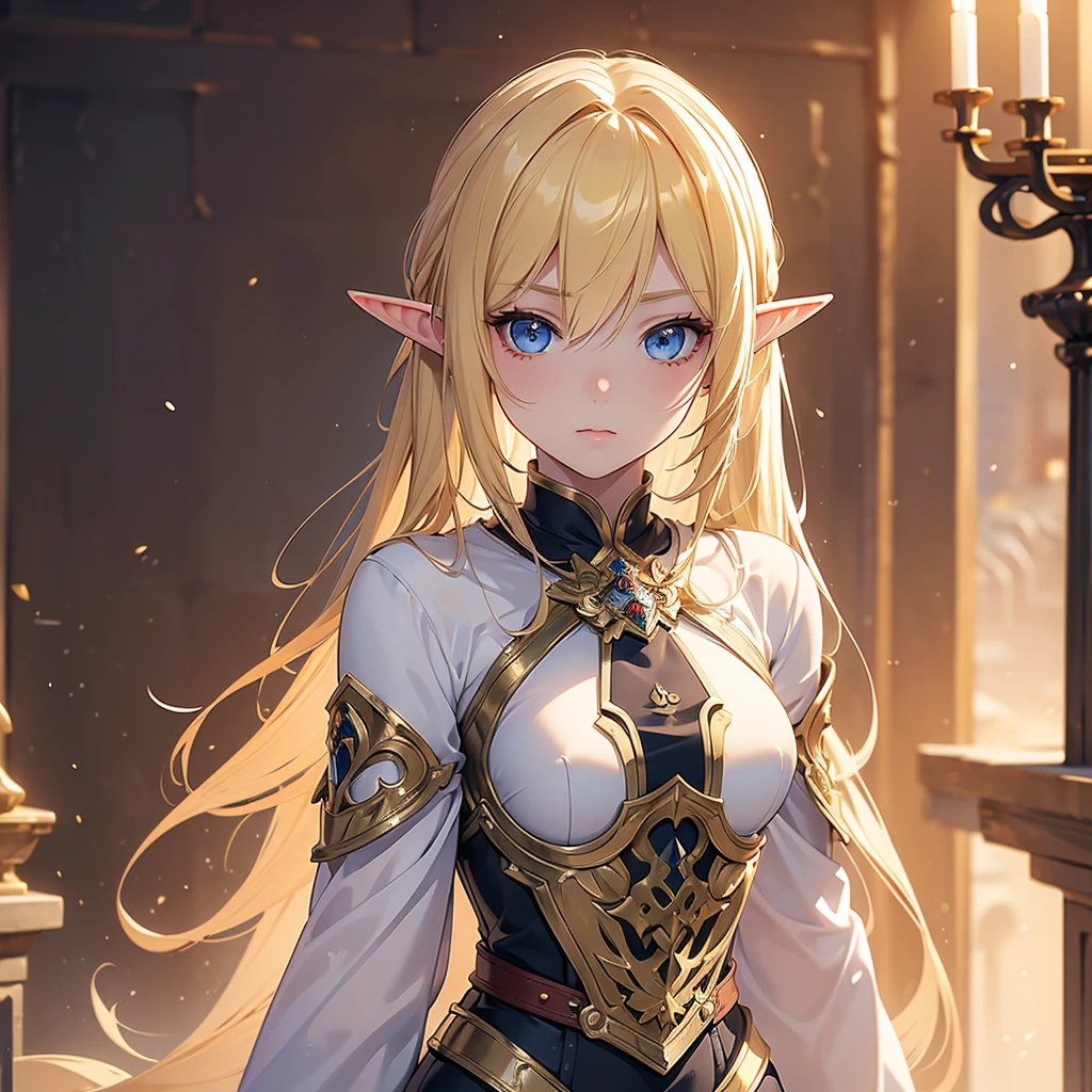((masterpiece, best quality)), manga style, elf warrior in armor, blond hair, elf ears, hands behind back, best qualityer，8K， masterpiece, high resolution,1girl, two tone lighting, (high detail skin：1.2), beautiful face, gentle illumination, ((no background))